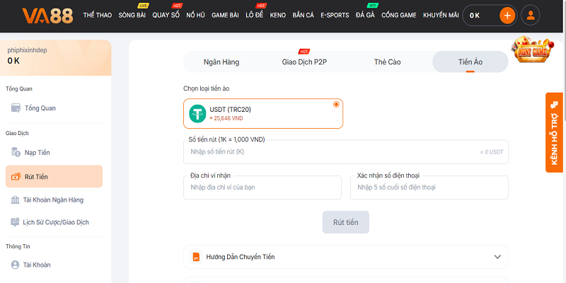 Giao dịch rút tiền về Binance trên VA88 bằng USDT