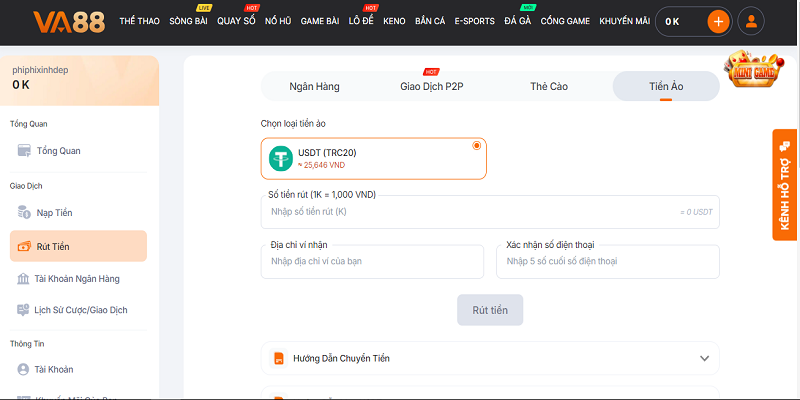 Form rút tiền VA88 bằng phương thức tiền ảo Houbi