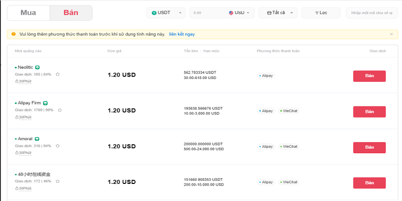 Giao dịch bán USDT và nhận tiền VND